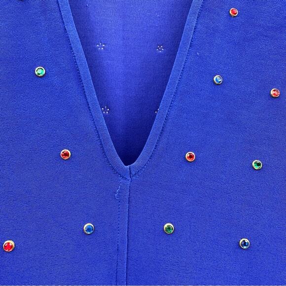 Vintage Tadashi 80s Blue Jeweled Bling Bodycon Sheath Knit Knee Length Dress - Picture 11 of 15